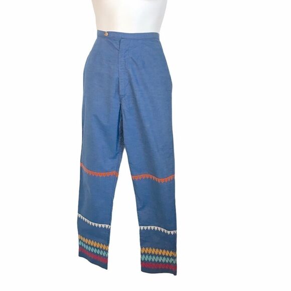 Vintage 1960s Embroidered Striped Pants Blue Small - Picture 13 of 16